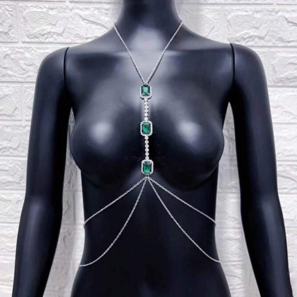 Emerald Silver Zircon Body Chain, Elegant, Classy, Minimalist, Punk - Picture 2 of 5